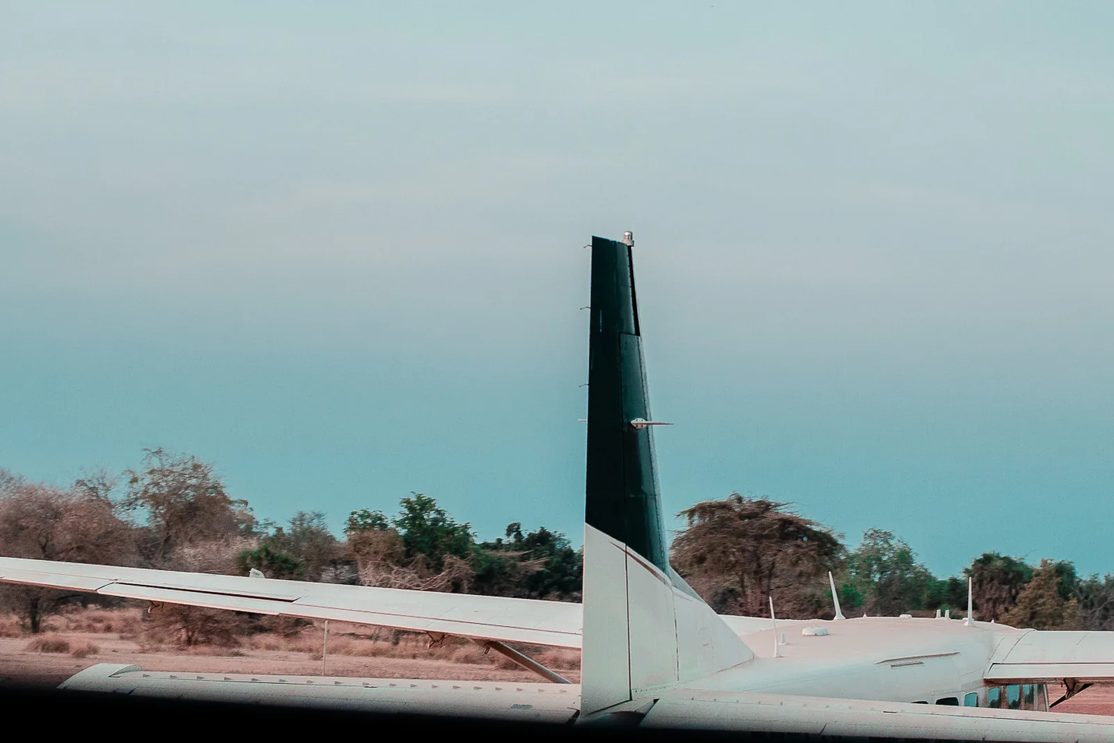 A light aircraft parked at an airstrip in Nyerere National Park, with its tail and wing against a teal evening sky